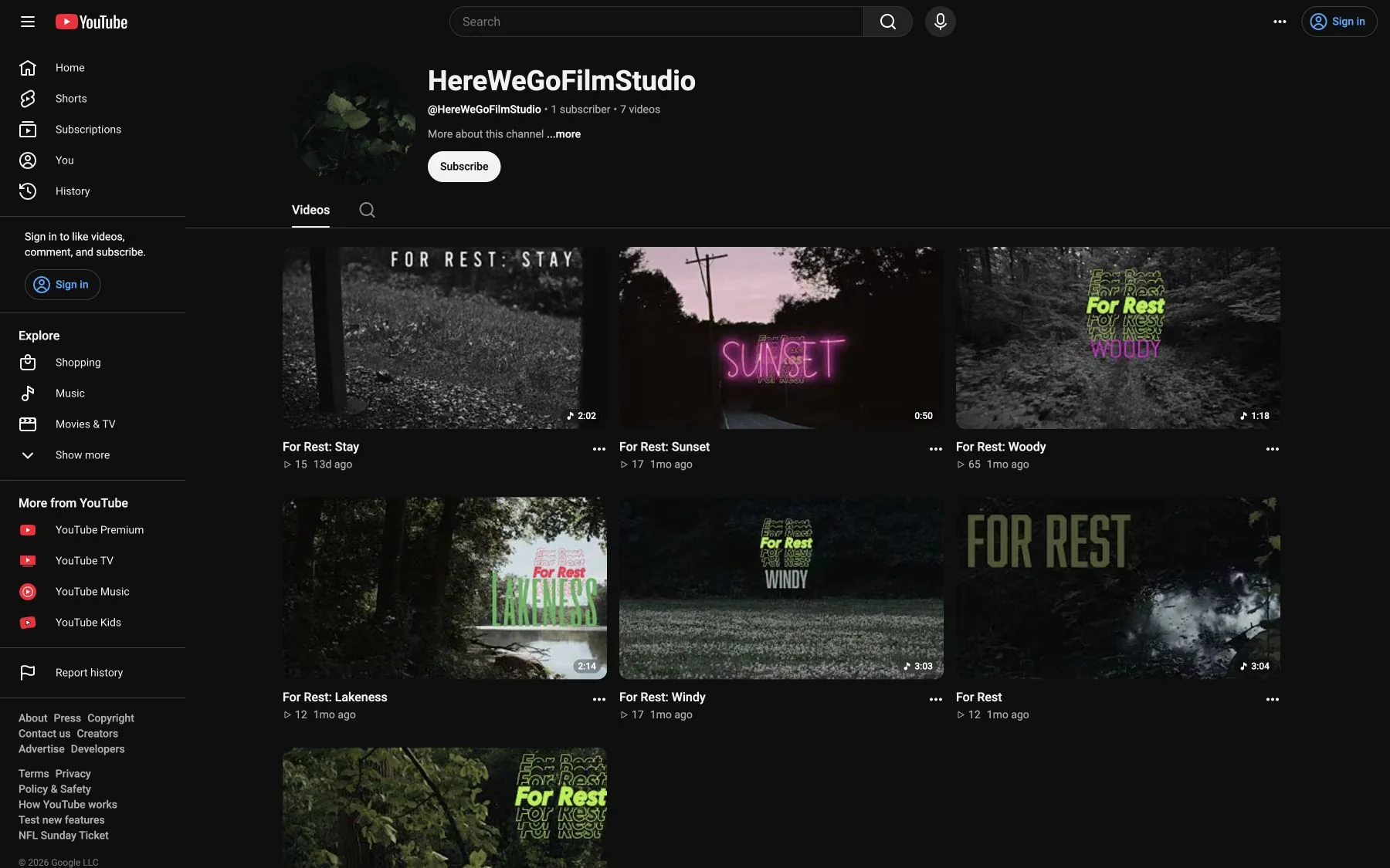 Here We Go Film Studio YouTube channel showing the For Rest film series