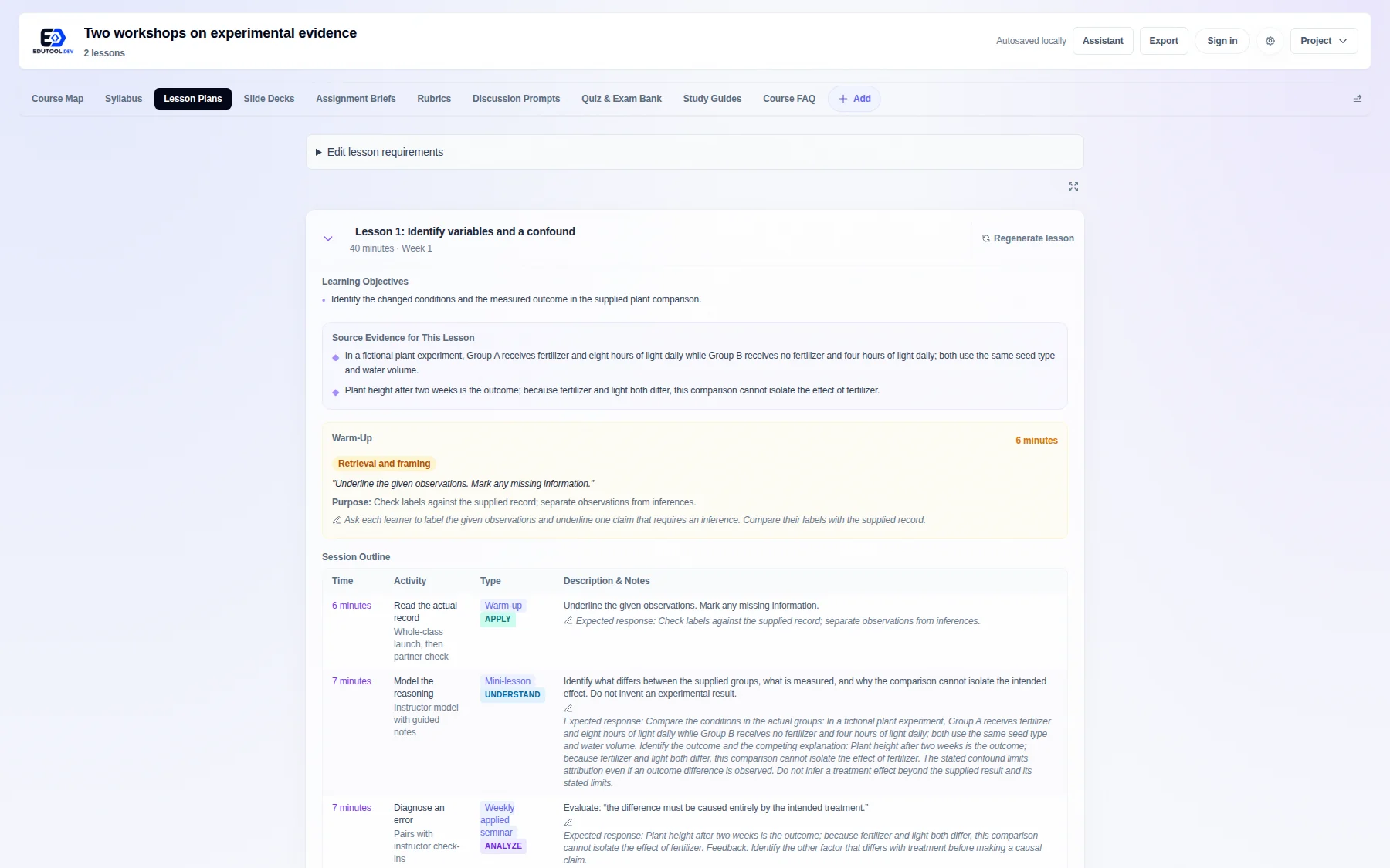 EduTool workspace showing a lesson plan with objectives, source evidence, a timed warm-up, and the session outline