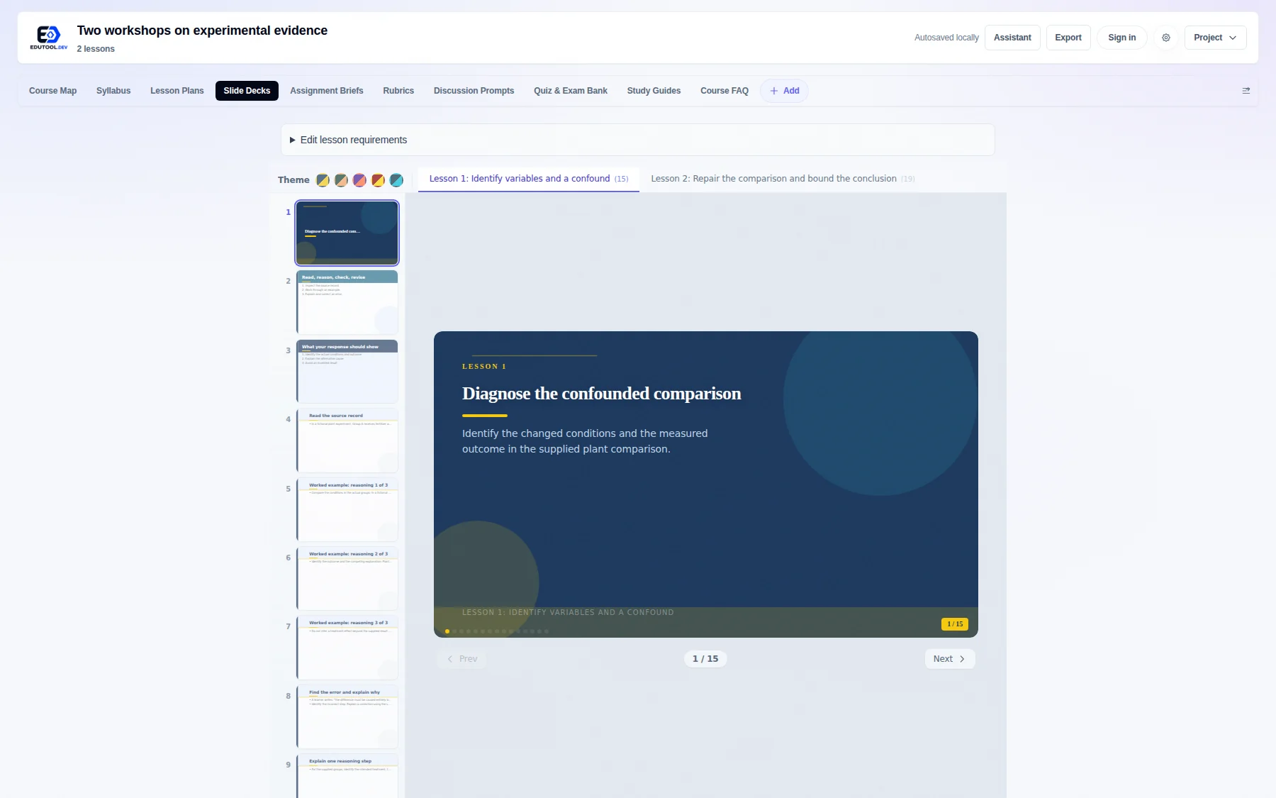 EduTool slide deck built from the same lesson, with theme choices and slide thumbnails