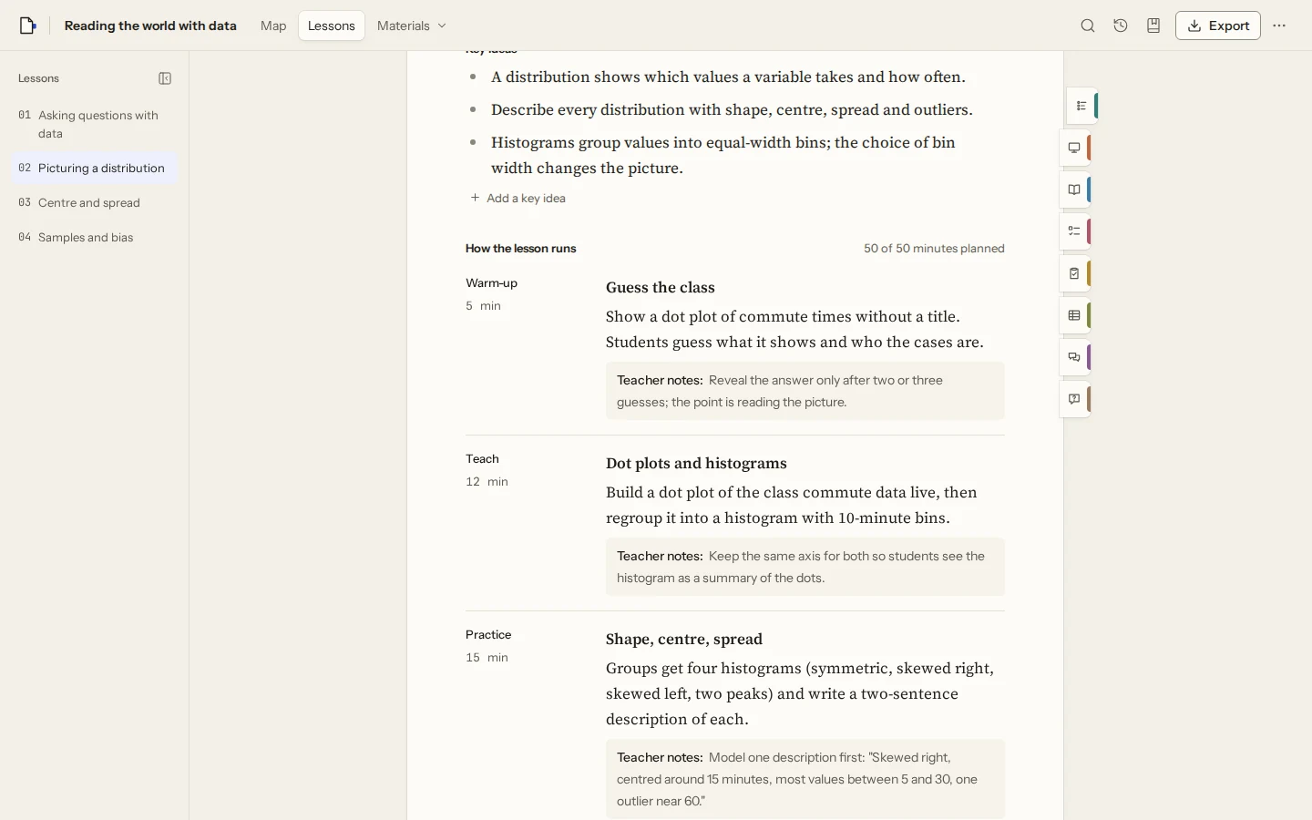 A Folio lesson plan with key ideas and a timed warm-up, teach, and practice sequence with teacher notes