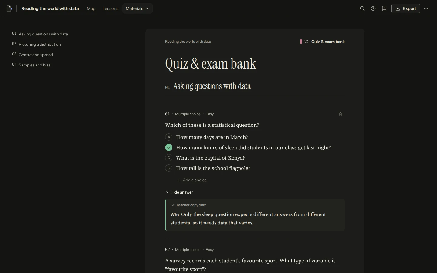 Folio quiz bank in dark mode with a multiple-choice question and its teacher-only explanation