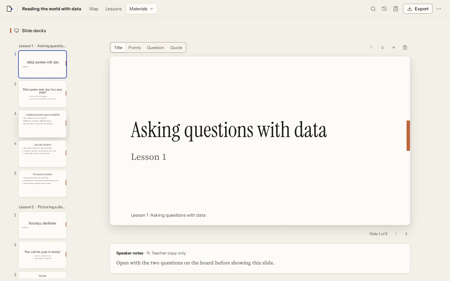 Folio slide deck with a filmstrip of slides, a title slide on stage, and speaker notes
