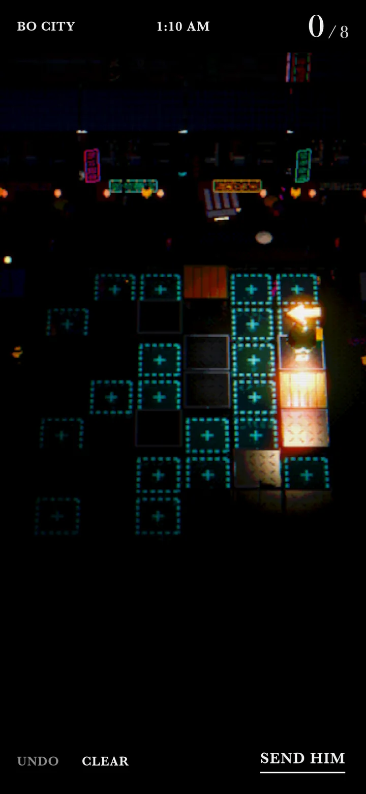 A dark district where only the tiles Otto’s light has touched are visible