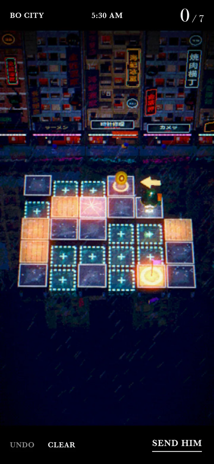 A road on the rooftops at 5:30 AM, with a coin beside Otto and tiles still to lay