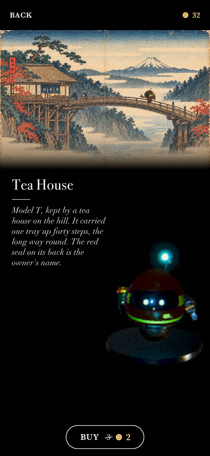 The Tea House shell: a woodblock-style poster above Otto in a new livery