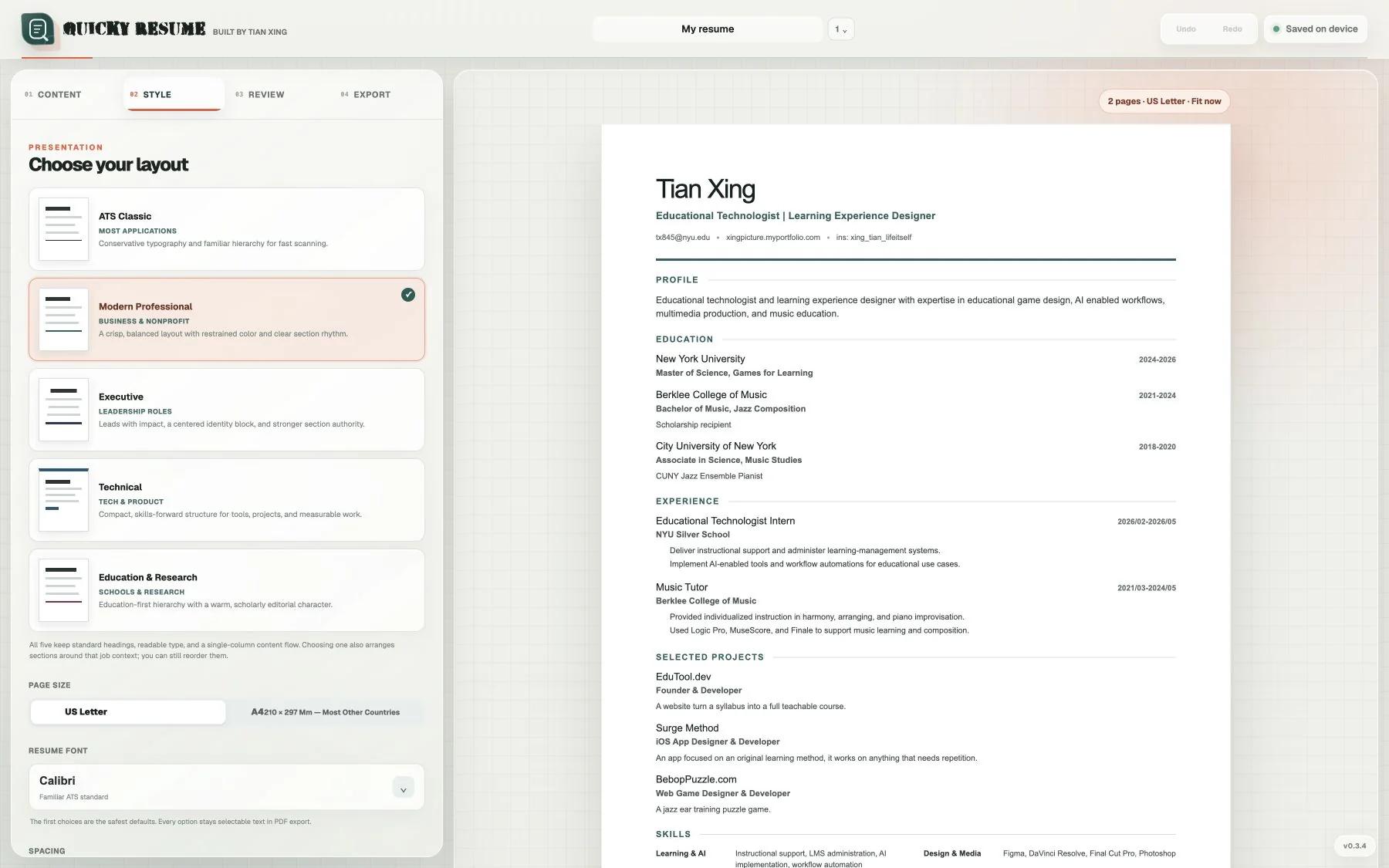 Quicky Resume direct editing canvas and style controls