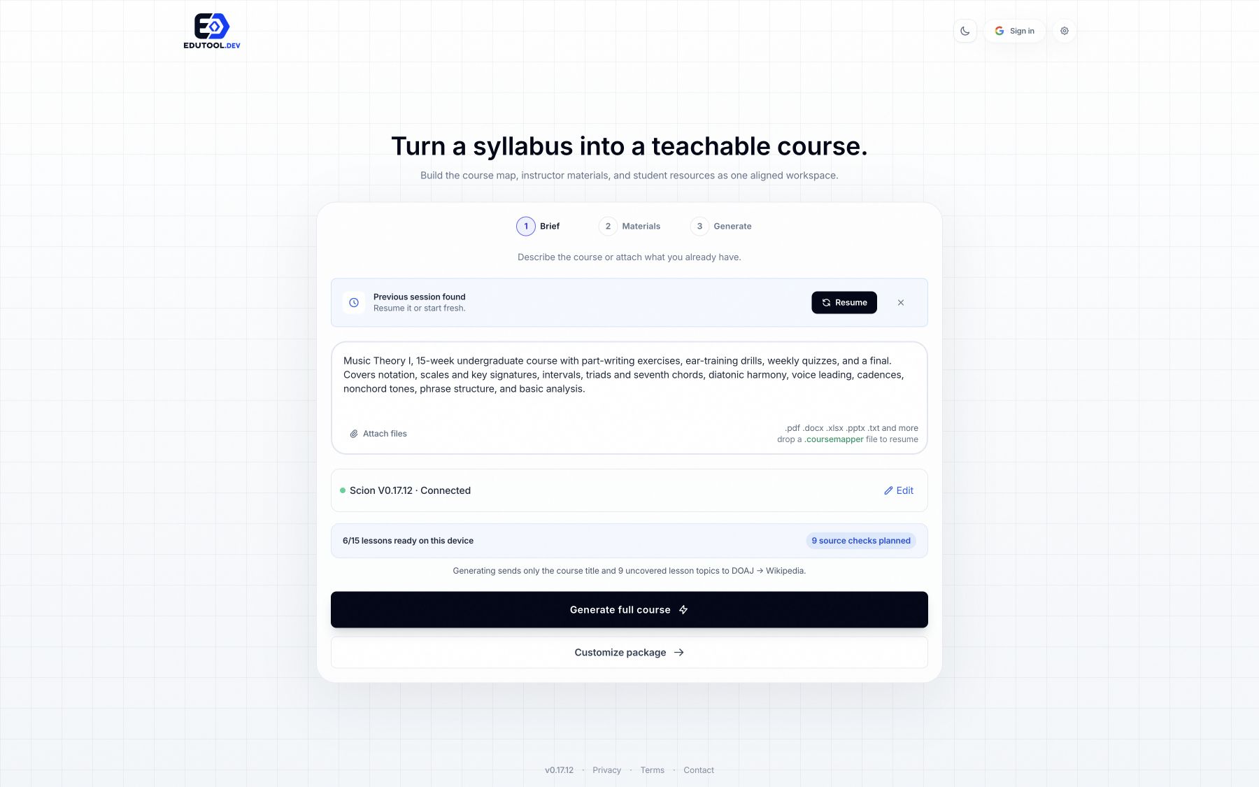 EduTool course setup running in the browser