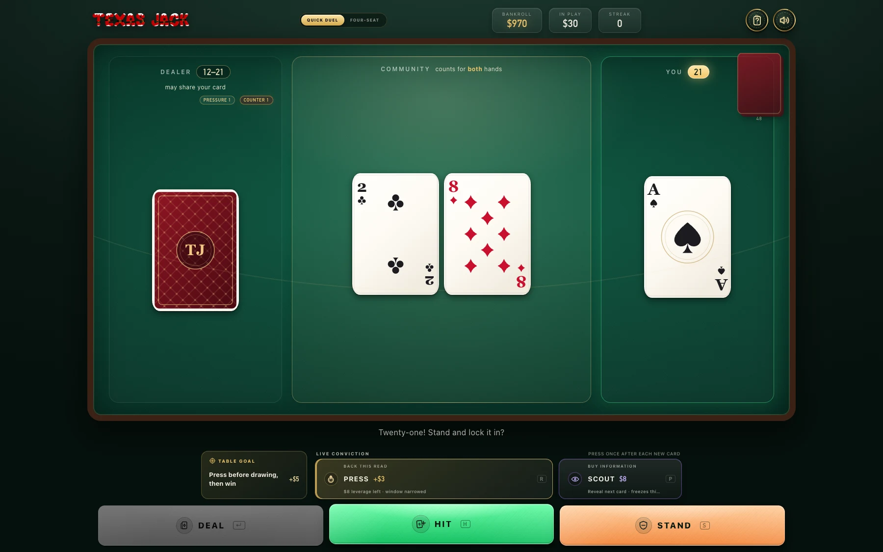 Texas Jack Quick Duel with shared cards, Pressure, and Scout controls